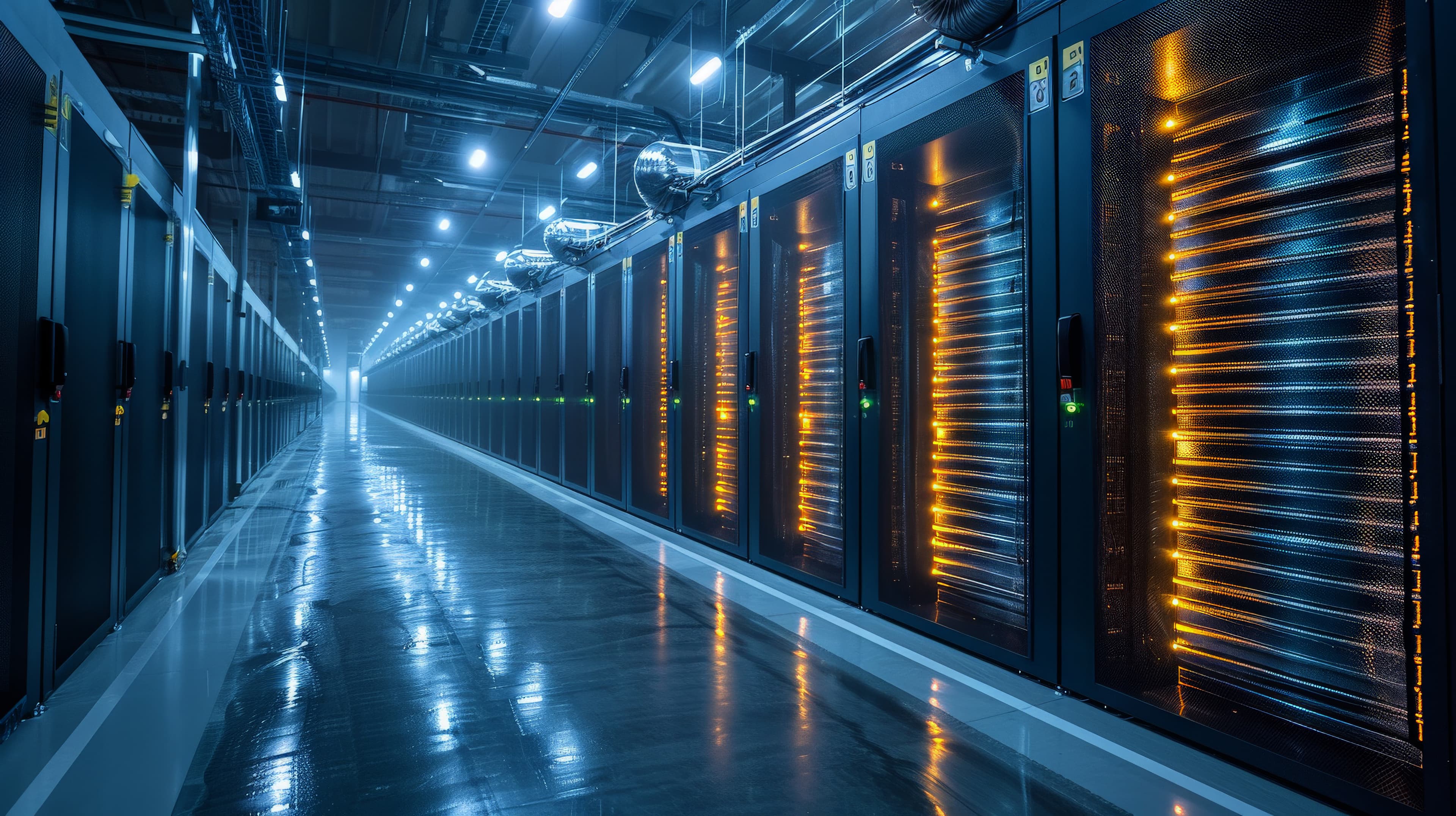 Data center server rack aisle with overhead infrastructure and aisle lighting